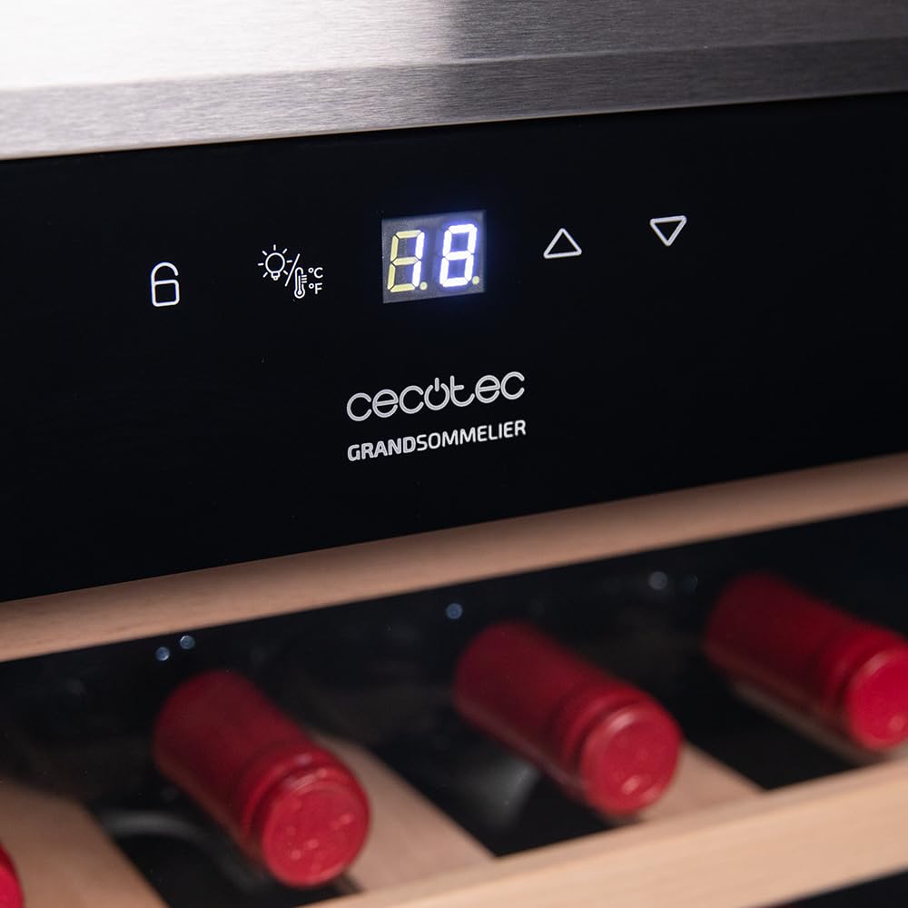 Cecotec Vinoteca Bolero GrandSommelier 34030 Inox Compressor, 34 Botellas, 80 L, Enfriamiento por Compresor, Temperatura 5-18 °C, Control Táctil, Display y Luz LED Interior
