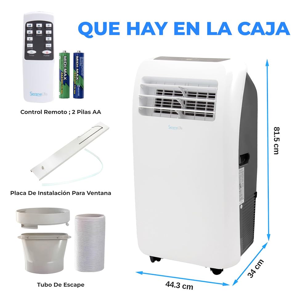 **SereneLife Aire Acondicionado Portátil 12.000 BTU – Climatizador Móvil Silencioso con Función de Deshumidificador y Ventilador, Kit de Ventana, Mando a Distancia, Ideal para Casa y Oficina**