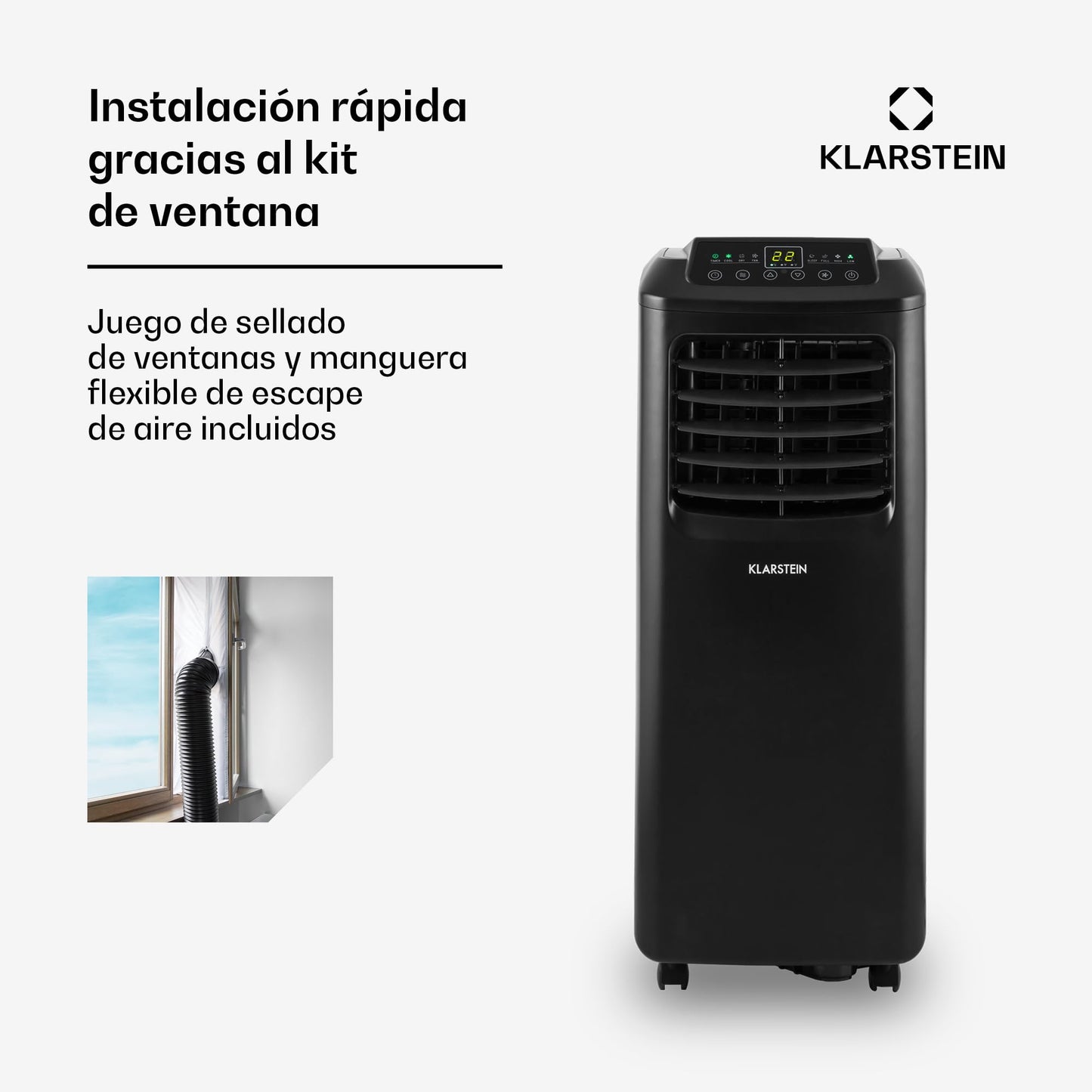 **Klarstein Pure Blizzard Smart 9k – Aire Acondicionado Portátil 9000 BTU, para 26-44 m², Control por App y Alexa, Función Ventilador y Deshumidificador, Temporizador, Clase Energética A, Gas R290, Color Negro**
