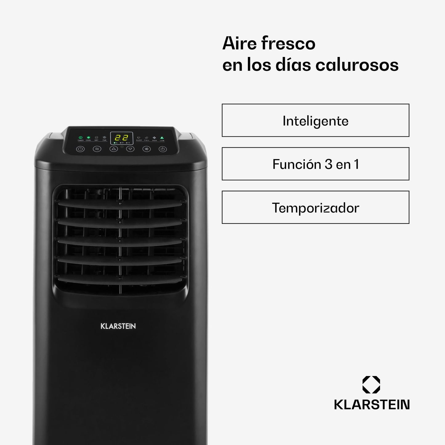 **Klarstein Pure Blizzard Smart 9k – Aire Acondicionado Portátil 9000 BTU, para 26-44 m², Control por App y Alexa, Función Ventilador y Deshumidificador, Temporizador, Clase Energética A, Gas R290, Color Negro**