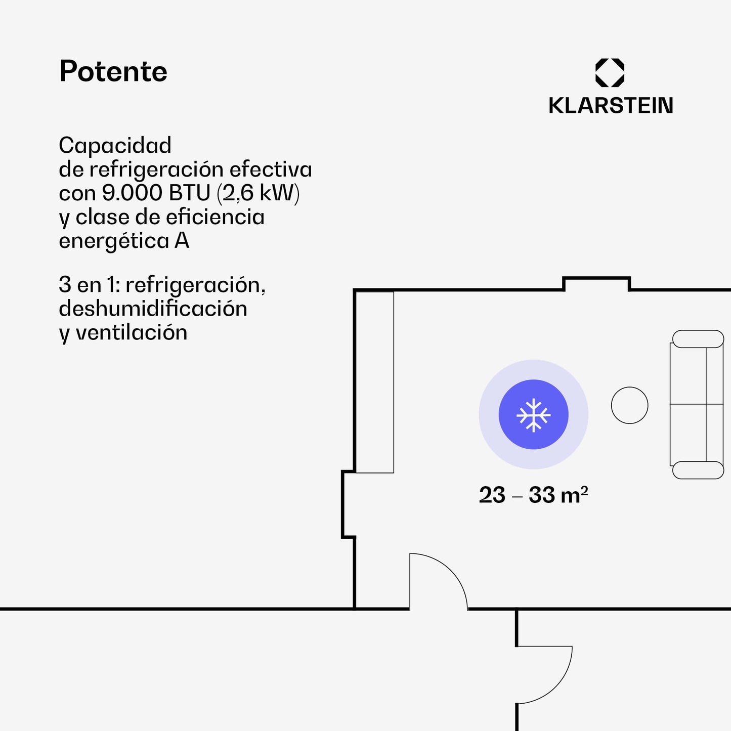 **Klarstein Pure Blizzard Smart 9k – Aire Acondicionado Portátil 9000 BTU, para 26-44 m², Control por App y Alexa, Función Ventilador y Deshumidificador, Temporizador, Clase Energética A, Gas R290, Color Negro**