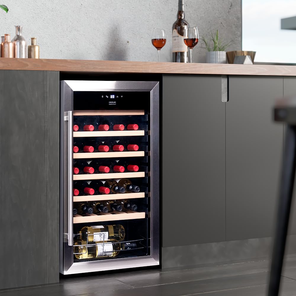 Cecotec Vinoteca Bolero GrandSommelier 34030 Inox Compressor, 34 Botellas, 80 L, Enfriamiento por Compresor, Temperatura 5-18 °C, Control Táctil, Display y Luz LED Interior
