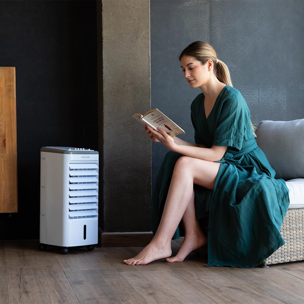 **Cecotec Climatizador Evaporativo EnergySilence 3500 Cool Compact, 65 W, Depósito de 3,5 L, 3 Velocidades, Oscilación 70°, Ruedas Multidireccionales, con 2 Acumuladores de Frío**