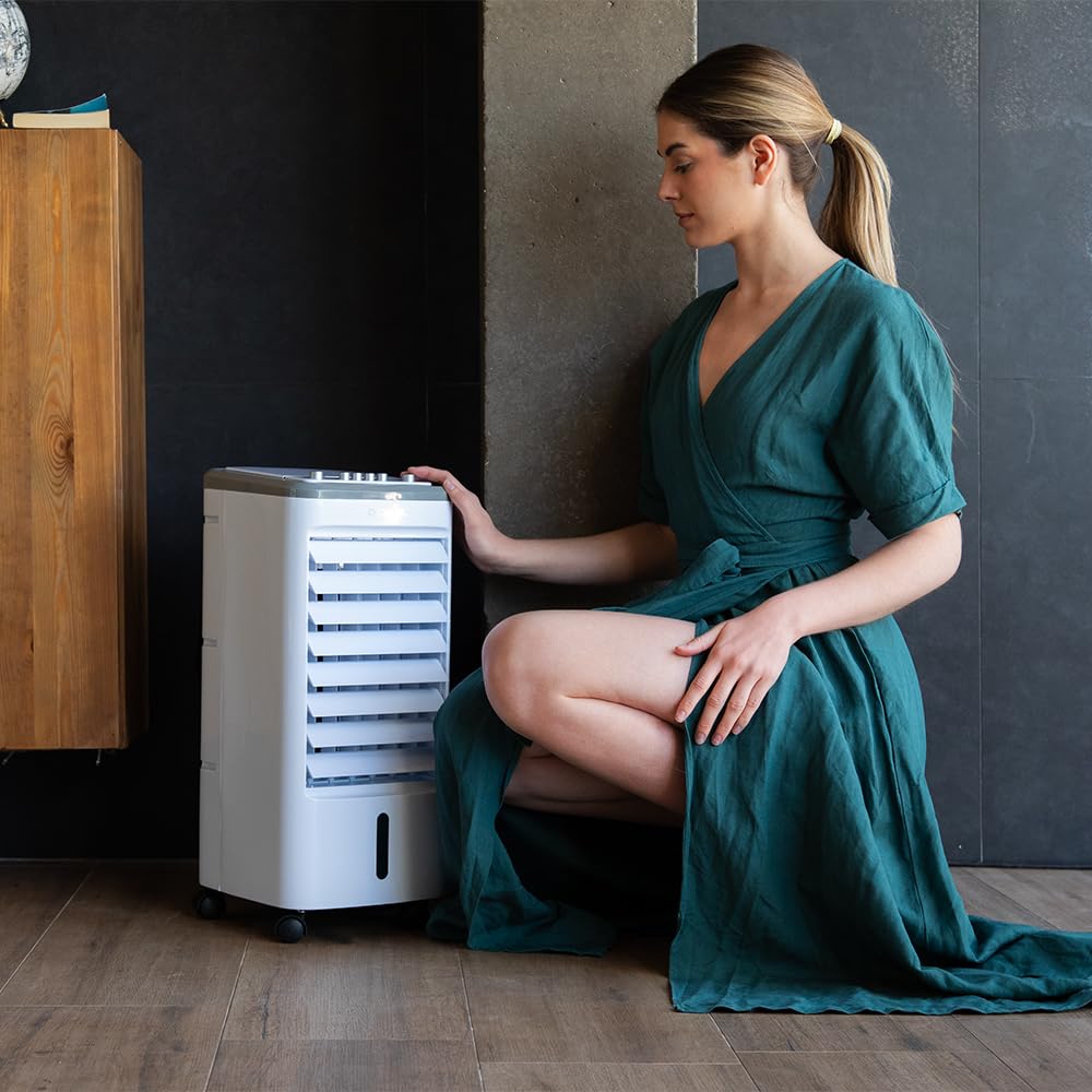 **Cecotec Climatizador Evaporativo EnergySilence 3500 Cool Compact, 65 W, Depósito de 3,5 L, 3 Velocidades, Oscilación 70°, Ruedas Multidireccionales, con 2 Acumuladores de Frío**