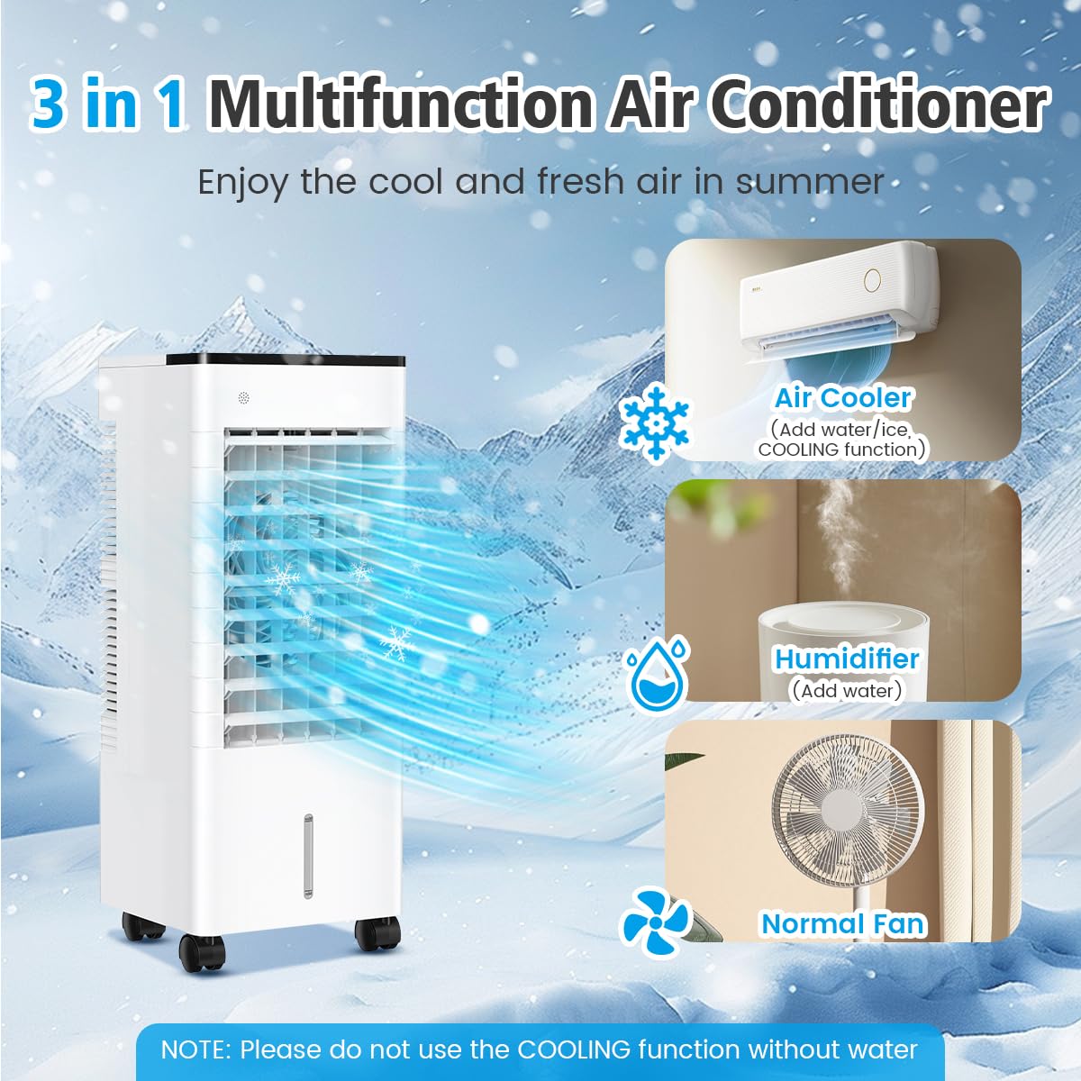 **Aire Acondicionado Portátil Silencioso 6 L, Refrigerador, Ventilador y Humidificador de Bajo Consumo, 3 Velocidades y Modos, Control Remoto, Temporizador 1-15 h para Hogar u Oficina**