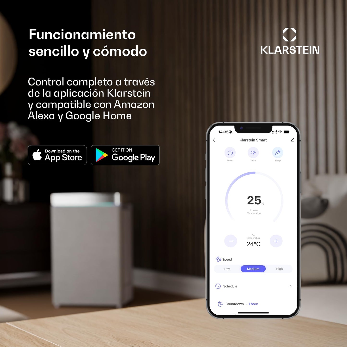 **Klarstein Pure Blizzard Smart 9k – Aire Acondicionado Portátil 9000 BTU, para 26-44 m², Control por App y Alexa, Función Ventilador y Deshumidificador, Temporizador, Clase Energética A, Gas R290, Color Negro**