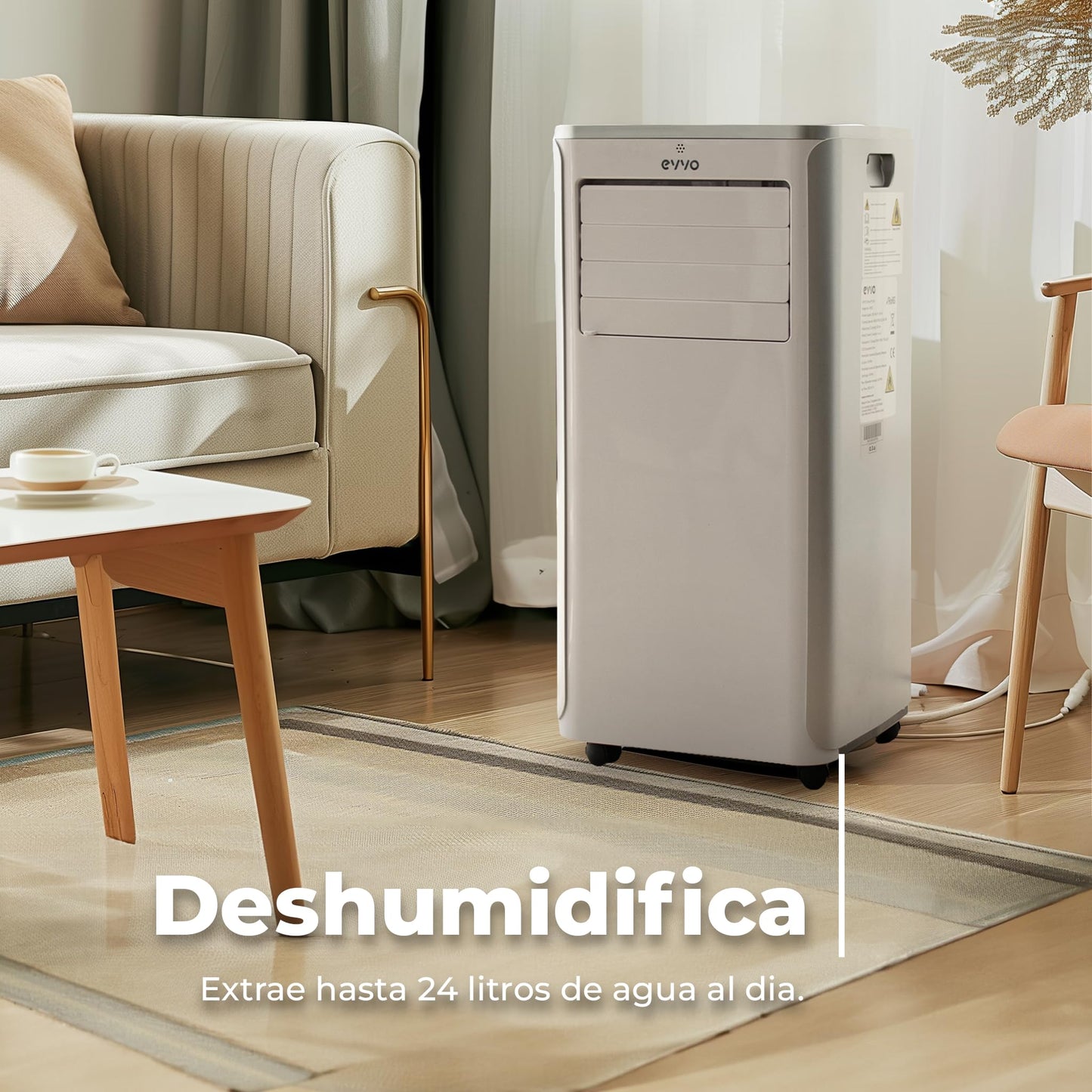 **EVVO Aire Acondicionado Portátil 3 en 1 Clima P9, 9000 BTU, Mando a Distancia, Cobertura 20 m², Clase Energética A, Kit de Instalación en Ventana, Color Blanco**