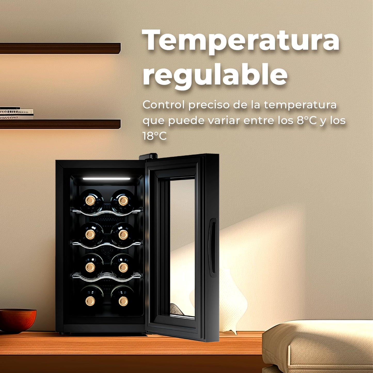 EVVO Vinoteca 8 Botellas VT8, Botellero Vertical, Termoeléctrica, Temperatura 8-18ºC, Pantalla Táctil, Display Interior, Silenciosa 35 dB