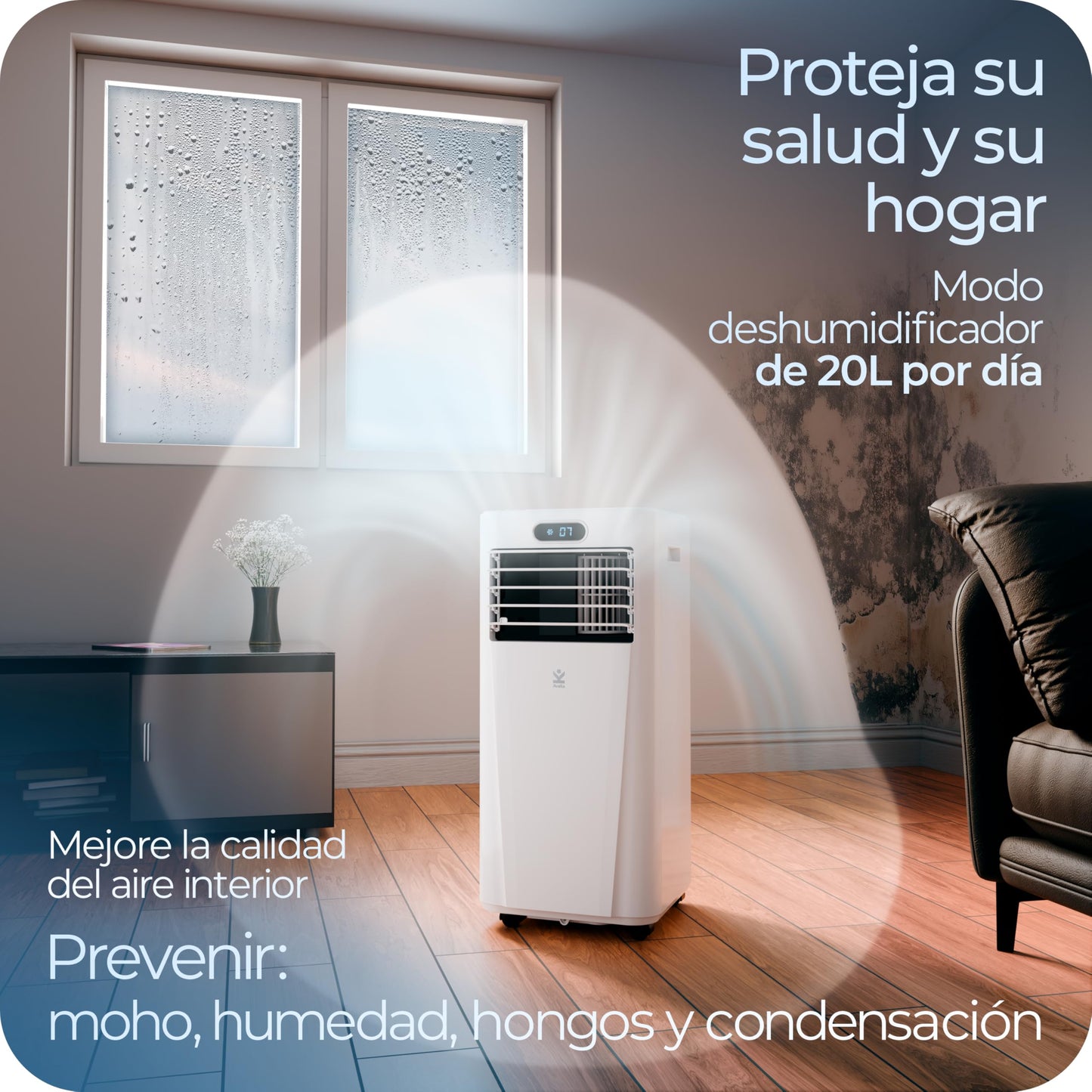 **Avalla S-95 Aire Acondicionado Portátil 3 en 1, 7000 BTU, Deshumidificador 20 L, Ventilador y Refrigeración para Hasta 68 m³, Bajo Consumo, Temporizador 24 h, con Mando y Kit de Ventana**