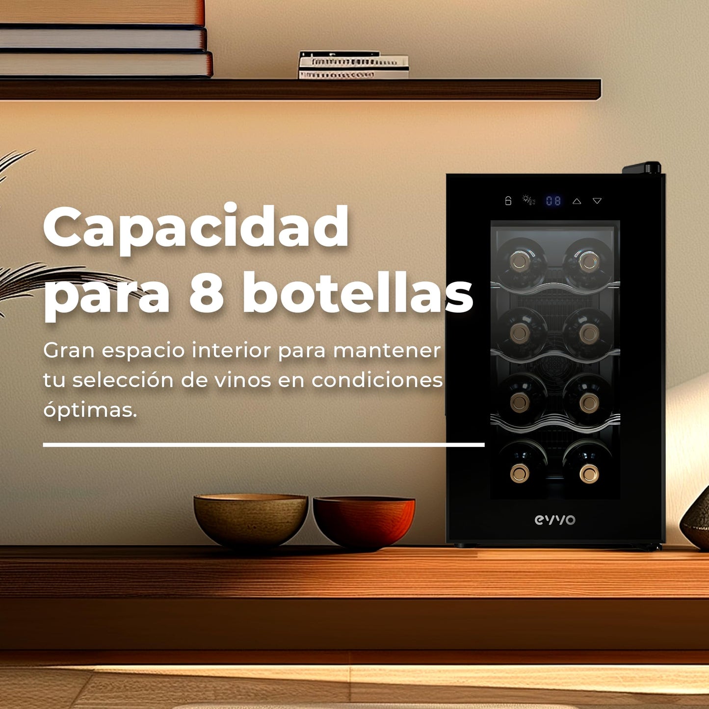 EVVO Vinoteca 8 Botellas VT8, Botellero Vertical, Termoeléctrica, Temperatura 8-18ºC, Pantalla Táctil, Display Interior, Silenciosa 35 dB