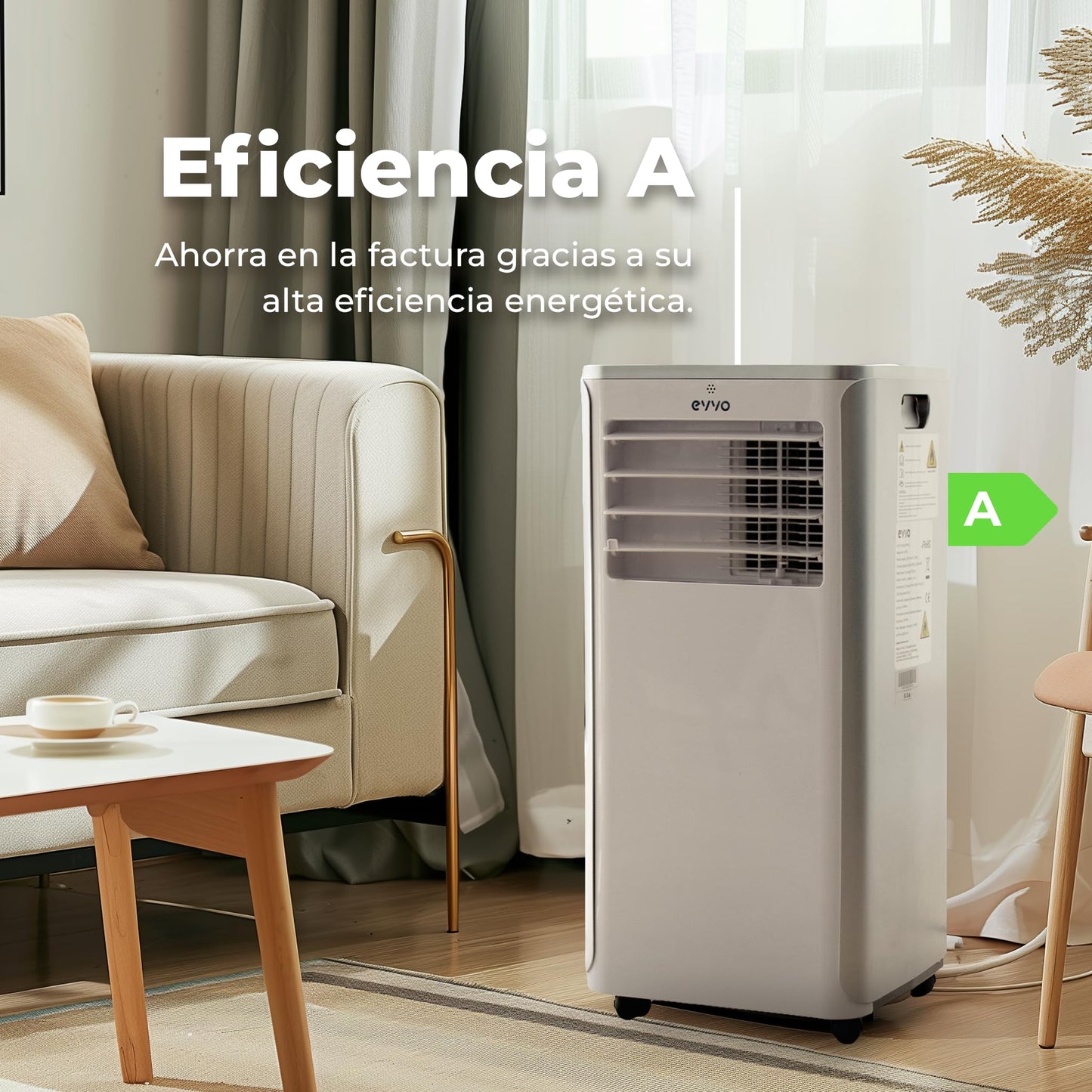 **EVVO Aire Acondicionado Portátil 3 en 1 Clima P9, 9000 BTU, Mando a Distancia, Cobertura 20 m², Clase Energética A, Kit de Instalación en Ventana, Color Blanco**