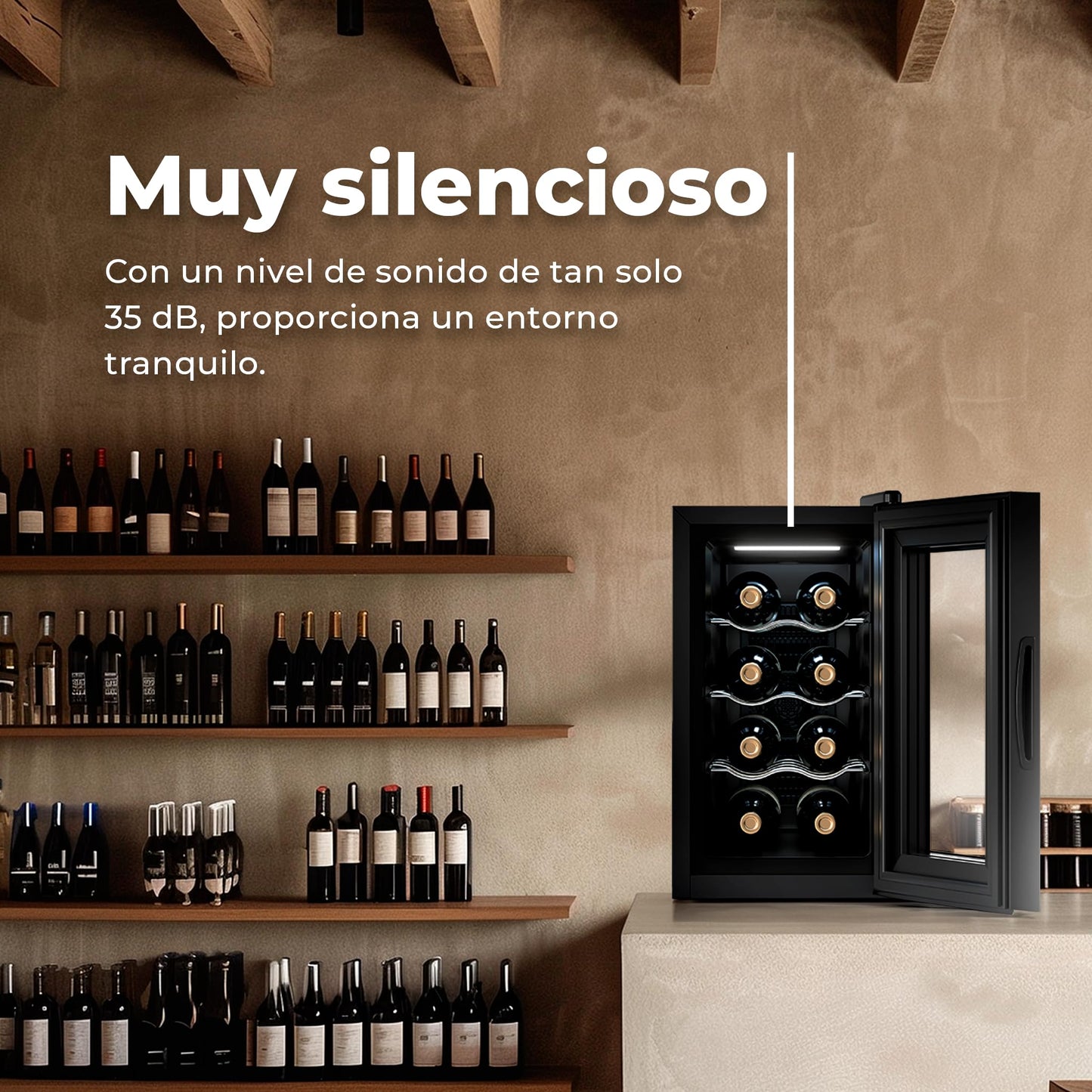 EVVO Vinoteca 8 Botellas VT8, Botellero Vertical, Termoeléctrica, Temperatura 8-18ºC, Pantalla Táctil, Display Interior, Silenciosa 35 dB