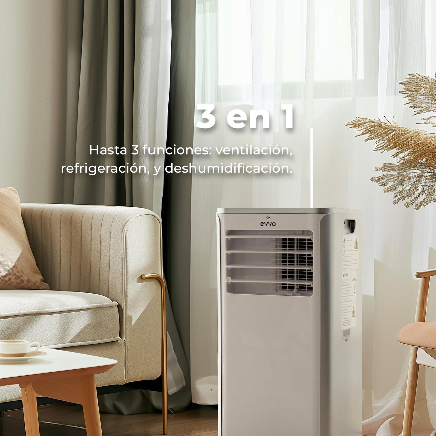 **EVVO Aire Acondicionado Portátil 3 en 1 Clima P9, 9000 BTU, Mando a Distancia, Cobertura 20 m², Clase Energética A, Kit de Instalación en Ventana, Color Blanco**