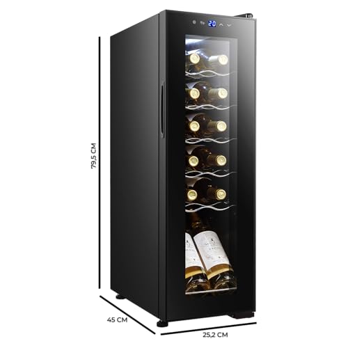 Cecotec Vinoteca Bolero GrandSommelier 1250 CoolCrystal Compressor, 12 Botellas, Libre Instalación, Temperatura Ajustable 8-18 °C, Panel Táctil y Luz LED