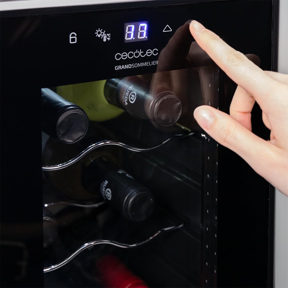 Cecotec Vinoteca Bolero GrandSommelier 1250 CoolCrystal Compressor, 12 Botellas, Libre Instalación, Temperatura Ajustable 8-18 °C, Panel Táctil y Luz LED