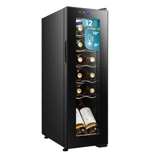 Cecotec Vinoteca Bolero GrandSommelier 1250 CoolCrystal Compressor, 12 Botellas, Libre Instalación, Temperatura Ajustable 8-18 °C, Panel Táctil y Luz LED