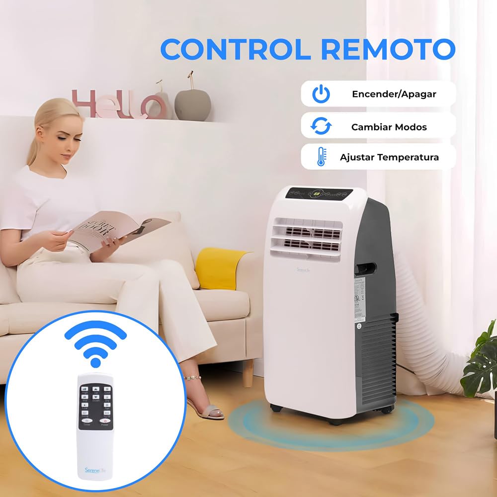 **SereneLife Aire Acondicionado Portátil 12.000 BTU – Climatizador Móvil Silencioso con Función de Deshumidificador y Ventilador, Kit de Ventana, Mando a Distancia, Ideal para Casa y Oficina**
