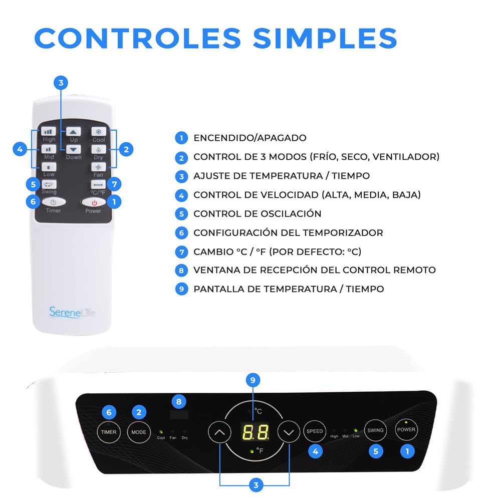 **SereneLife Aire Acondicionado Portátil 12.000 BTU – Climatizador Móvil Silencioso con Función de Deshumidificador y Ventilador, Kit de Ventana, Mando a Distancia, Ideal para Casa y Oficina**