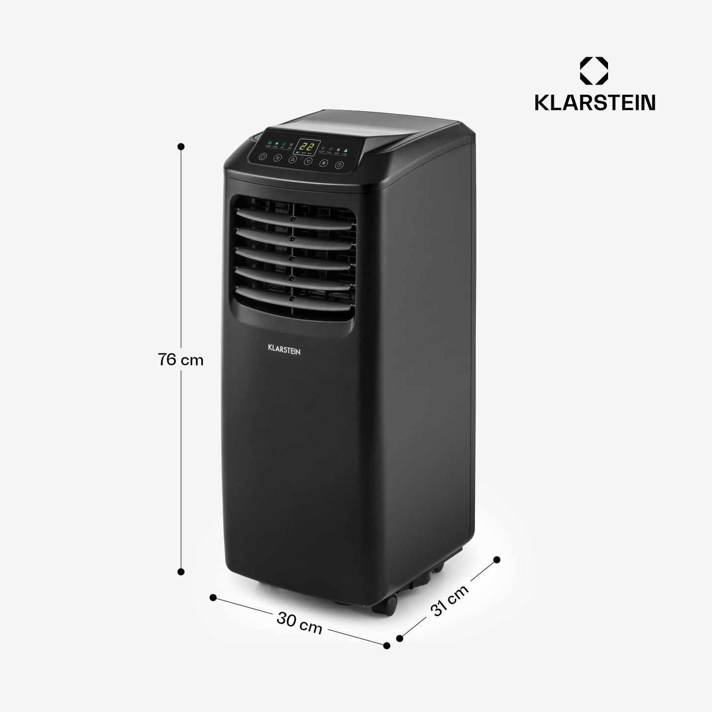 **Klarstein Pure Blizzard Smart 9k – Aire Acondicionado Portátil 9000 BTU, para 26-44 m², Control por App y Alexa, Función Ventilador y Deshumidificador, Temporizador, Clase Energética A, Gas R290, Color Negro**