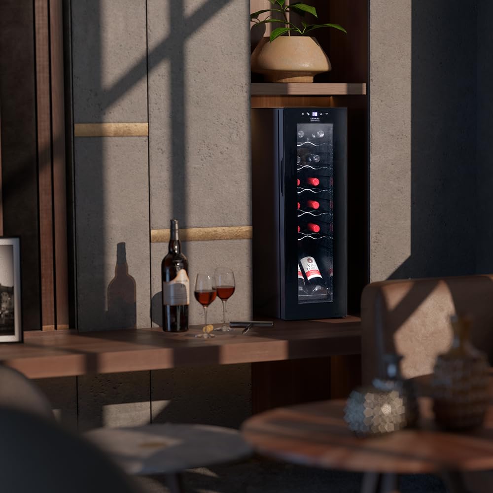 Cecotec Vinoteca Bolero GrandSommelier 1250 CoolCrystal Compressor, 12 Botellas, Libre Instalación, Temperatura Ajustable 8-18 °C, Panel Táctil y Luz LED