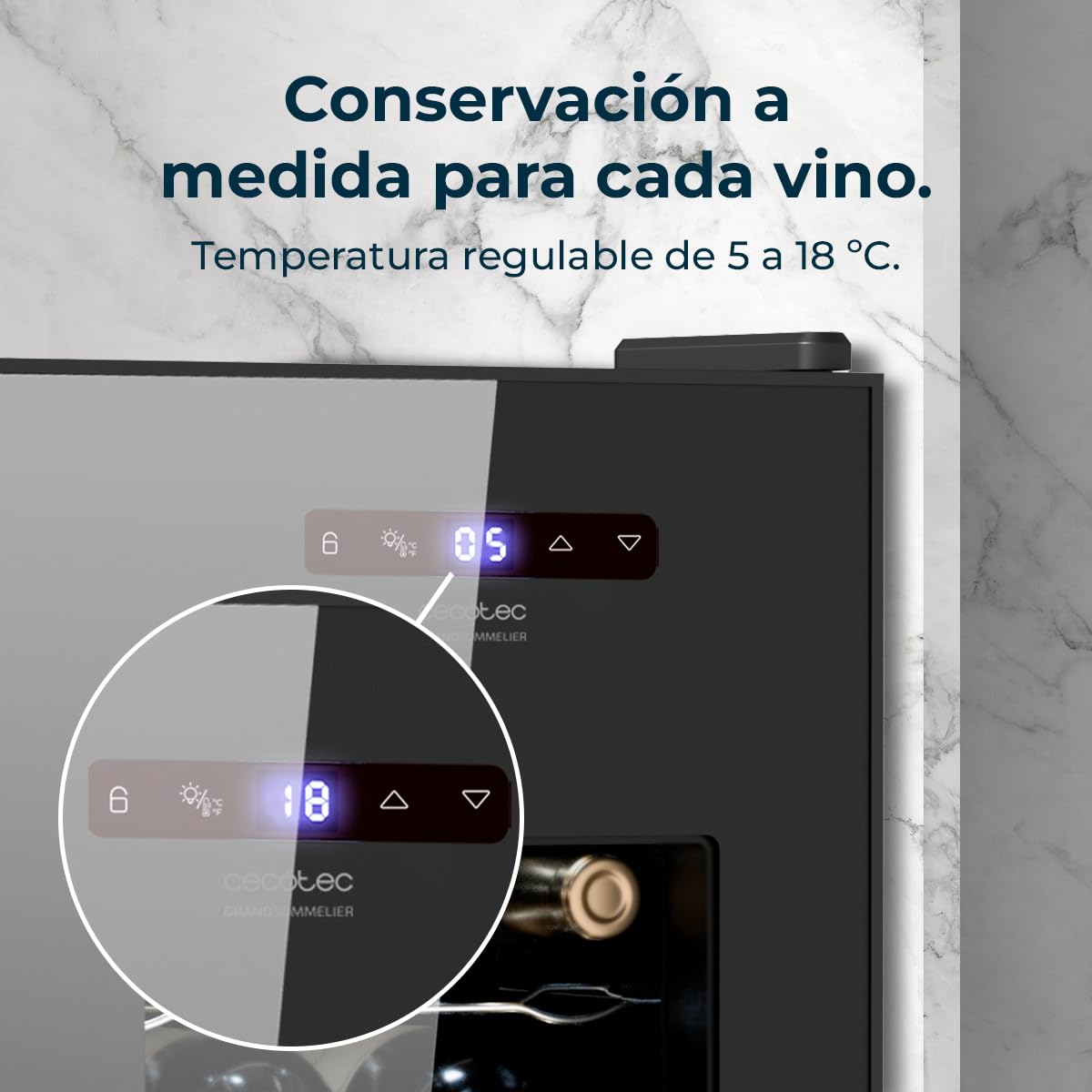 Cecotec Vinoteca Bolero GrandSommelier 1550 CoolCrystal, 15 Botellas, Termoeléctrica, Silenciosa 35 dB, Temperatura 5-18ºC, Panel Táctil, LED Eco-Friendly