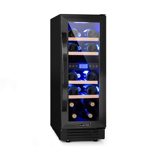 Klarstein Vinoteca 53 L, 17 Botellas, 2 Zonas de Refrigeración, Puerta de Cristal, Expositor Interior/Exterior, Panel Táctil, para Vino y Prosecco