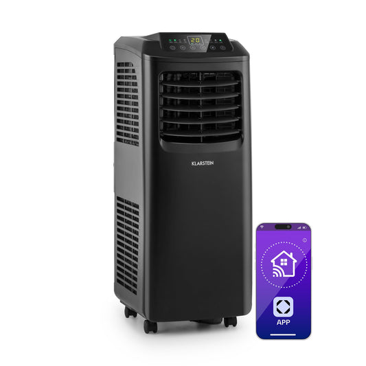 **Klarstein Pure Blizzard Smart 9k – Aire Acondicionado Portátil 9000 BTU, para 26-44 m², Control por App y Alexa, Función Ventilador y Deshumidificador, Temporizador, Clase Energética A, Gas R290, Color Negro**