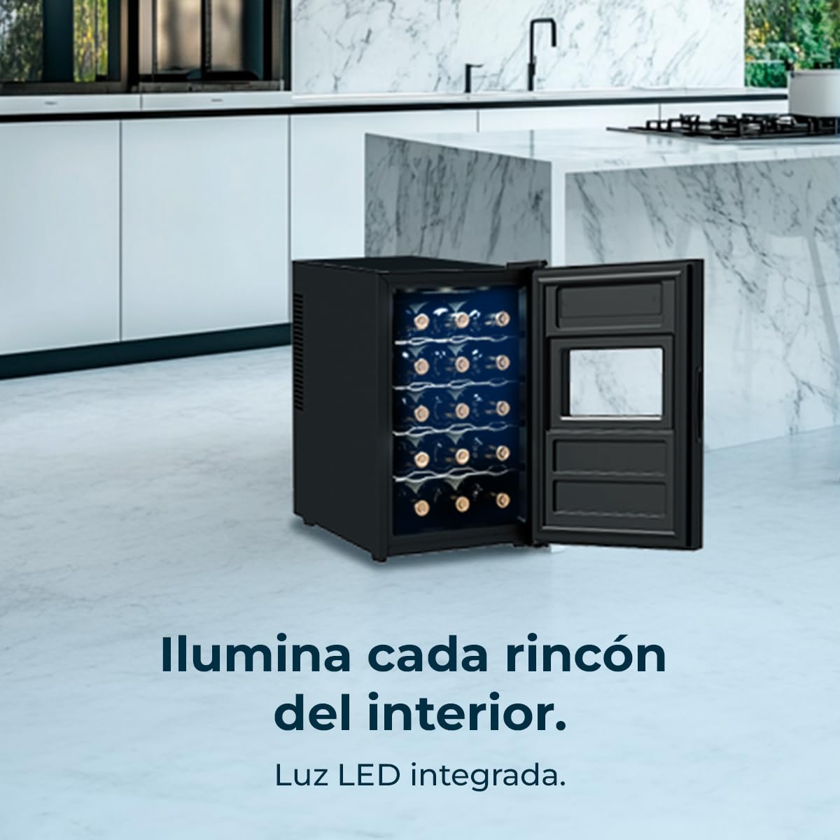 Cecotec Vinoteca Bolero GrandSommelier 1550 CoolCrystal, 15 Botellas, Termoeléctrica, Silenciosa 35 dB, Temperatura 5-18ºC, Panel Táctil, LED Eco-Friendly