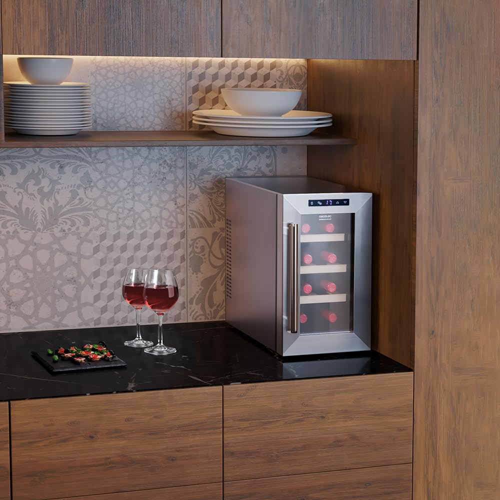 Cecotec Vinoteca 8 Botellas Bolero GrandSommelier 830 CoolWood, Termoeléctrica, Silenciosa, Temperatura 8-18ºC, Panel Táctil, Display, Eco-Friendly