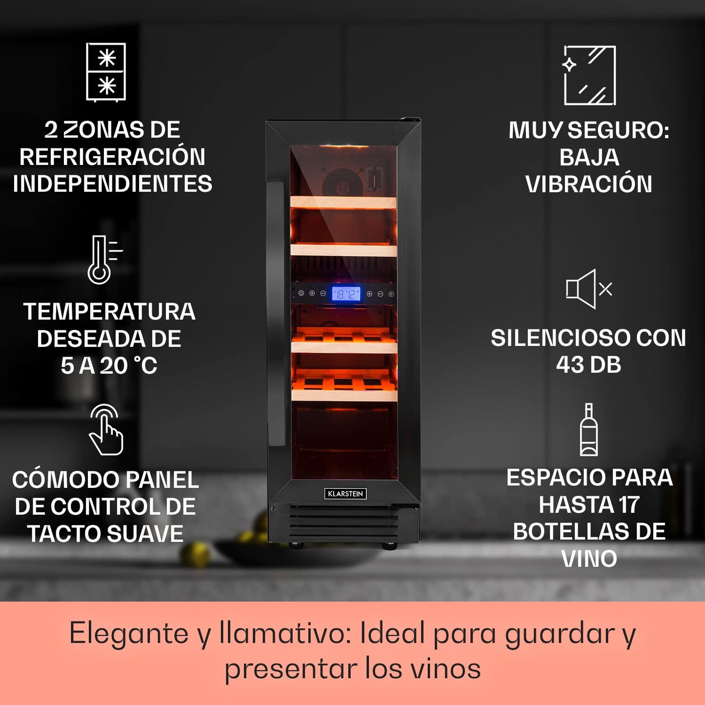 Klarstein Vinoteca 53 L, 17 Botellas, 2 Zonas de Refrigeración, Puerta de Cristal, Expositor Interior/Exterior, Panel Táctil, para Vino y Prosecco