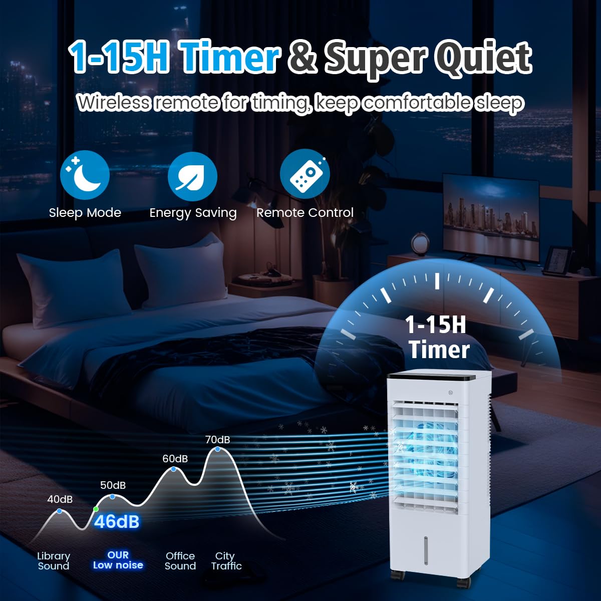 **Aire Acondicionado Portátil Silencioso 6 L, Refrigerador, Ventilador y Humidificador de Bajo Consumo, 3 Velocidades y Modos, Control Remoto, Temporizador 1-15 h para Hogar u Oficina**