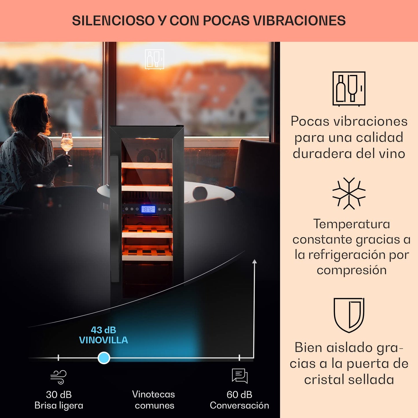 Klarstein Vinoteca 53 L, 17 Botellas, 2 Zonas de Refrigeración, Puerta de Cristal, Expositor Interior/Exterior, Panel Táctil, para Vino y Prosecco