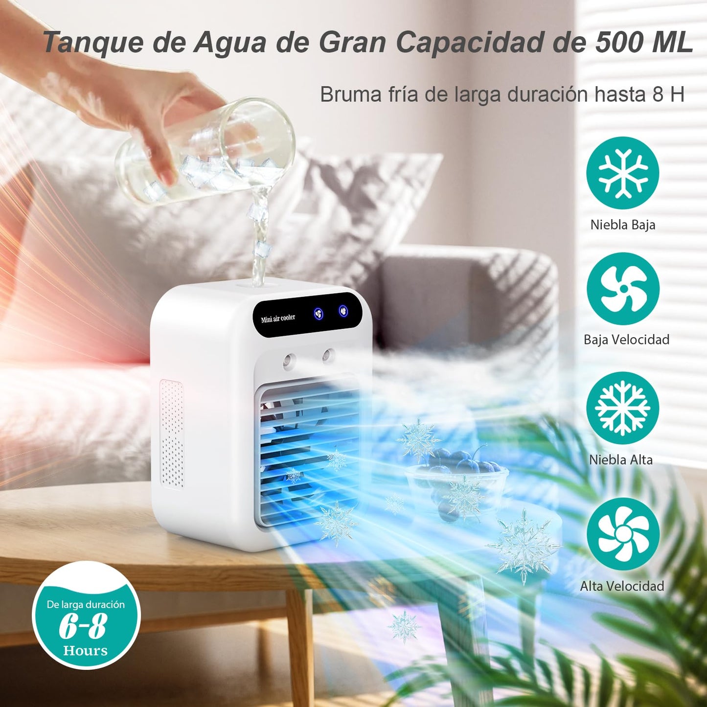 **Aire Acondicionado Portátil Mini USB, Ventilador Silencioso 2 Velocidades, Enfriador y Humidificador de Aire con 2 Modos de Nebulización, Ideal para Hogar y Oficina**