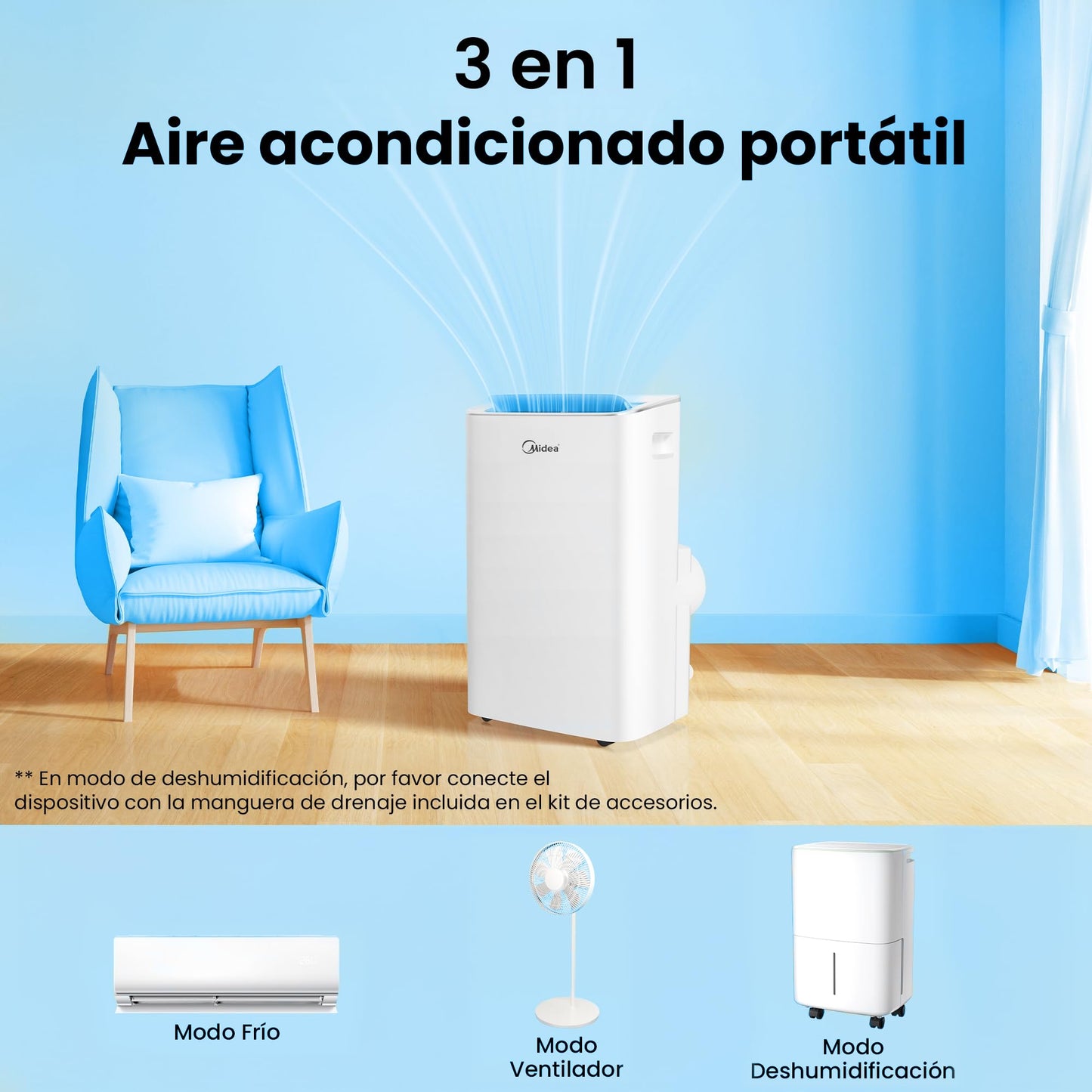 Midea Aire Acondicionado Portátil 3 en 1, 3000 Frigorías/12000 BTU, Silencioso para 43 m², Deshumidificador, Ventilador, 3500 W 4 Modos, Kit de Ventana Incluido