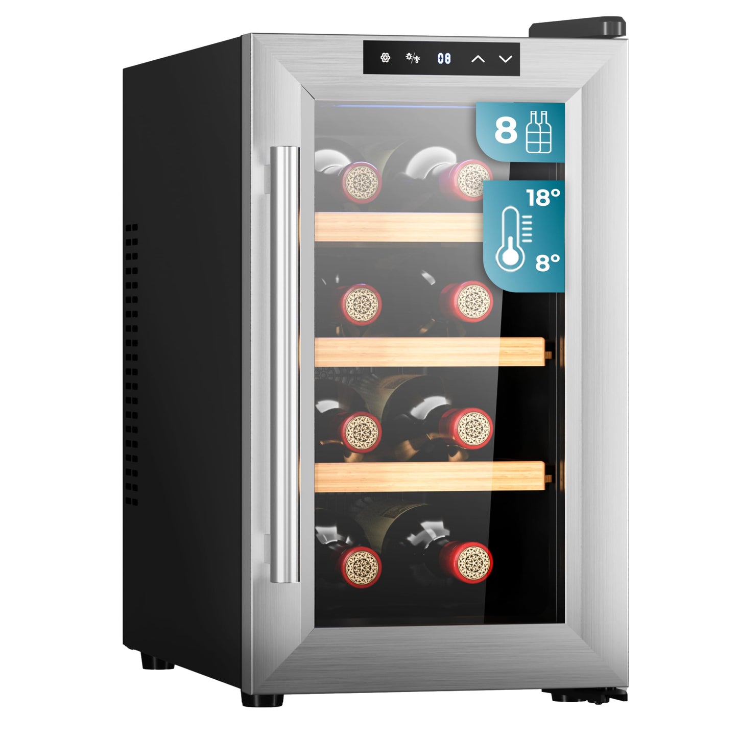 Cecotec Vinoteca 8 Botellas Bolero GrandSommelier 830 CoolWood, Termoeléctrica, Silenciosa, Temperatura 8-18ºC, Panel Táctil, Display, Eco-Friendly