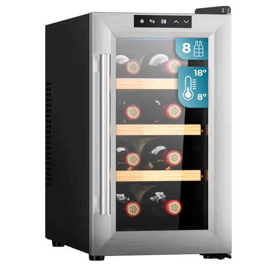 Cecotec Vinoteca 8 Botellas Bolero GrandSommelier 830 CoolWood, Termoeléctrica, Silenciosa, Temperatura 8-18ºC, Panel Táctil, Display, Eco-Friendly