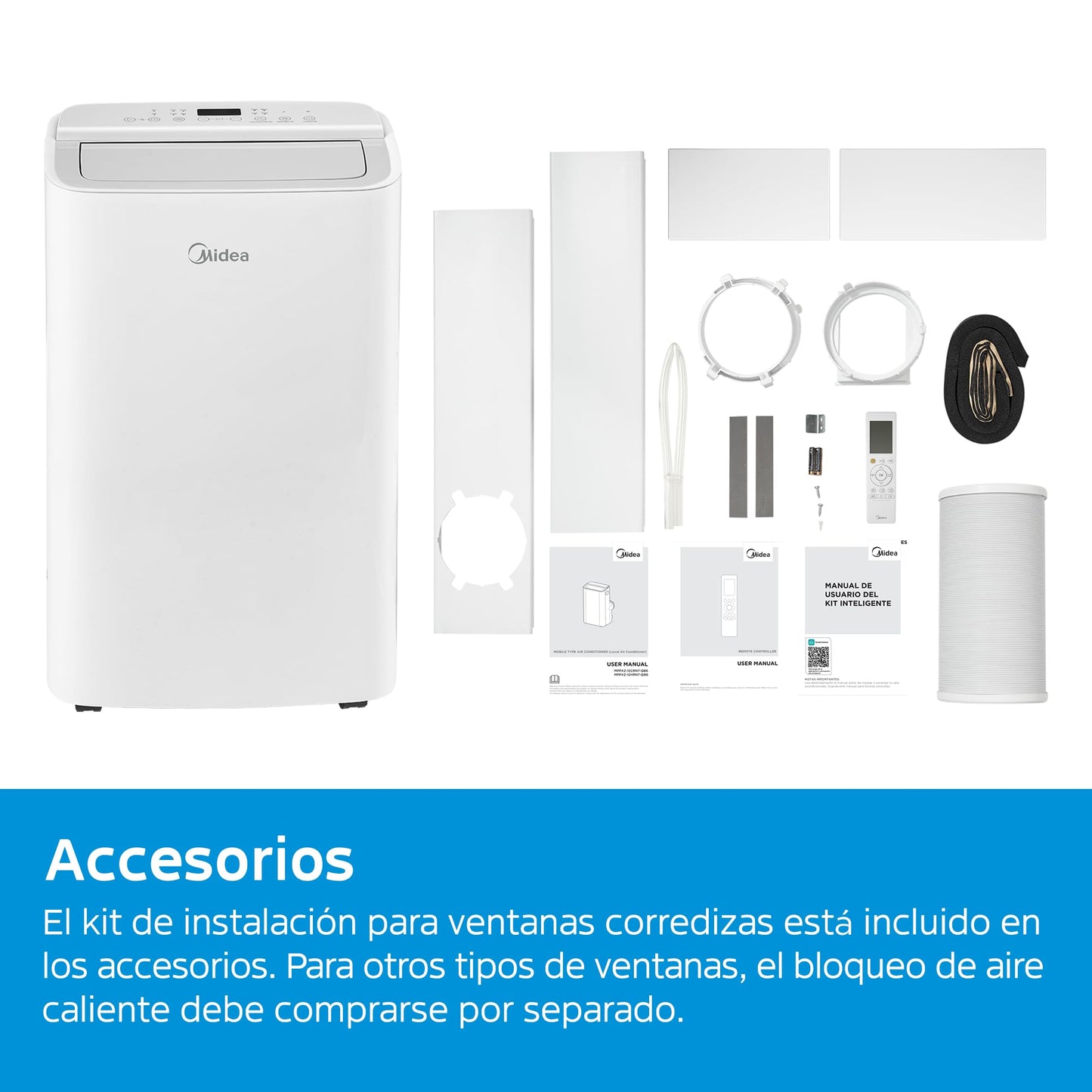 Midea Aire Acondicionado Portátil 3 en 1, 3000 Frigorías/12000 BTU, Silencioso para 43 m², Deshumidificador, Ventilador, 3500 W 4 Modos, Kit de Ventana Incluido
