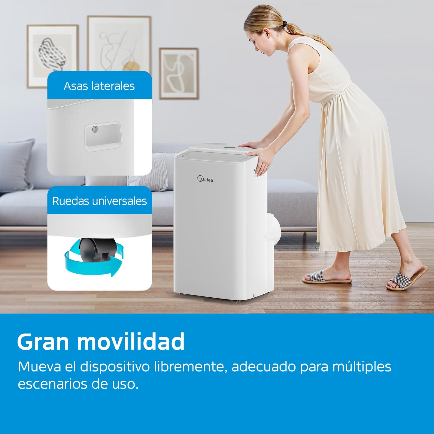 Midea Aire Acondicionado Portátil 3 en 1, 3000 Frigorías/12000 BTU, Silencioso para 43 m², Deshumidificador, Ventilador, 3500 W 4 Modos, Kit de Ventana Incluido