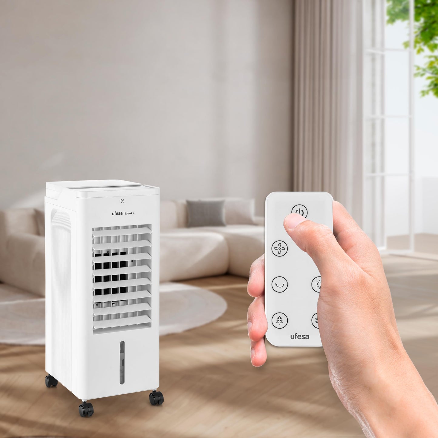 Ufesa Nuuk+ Climatizador Evaporativo 65W, Función Fría, Ionizador, 3 Velocidades y Modos, Depósito 6 L, Temporizador 12 h, Filtro Lavable, Mando a Distancia