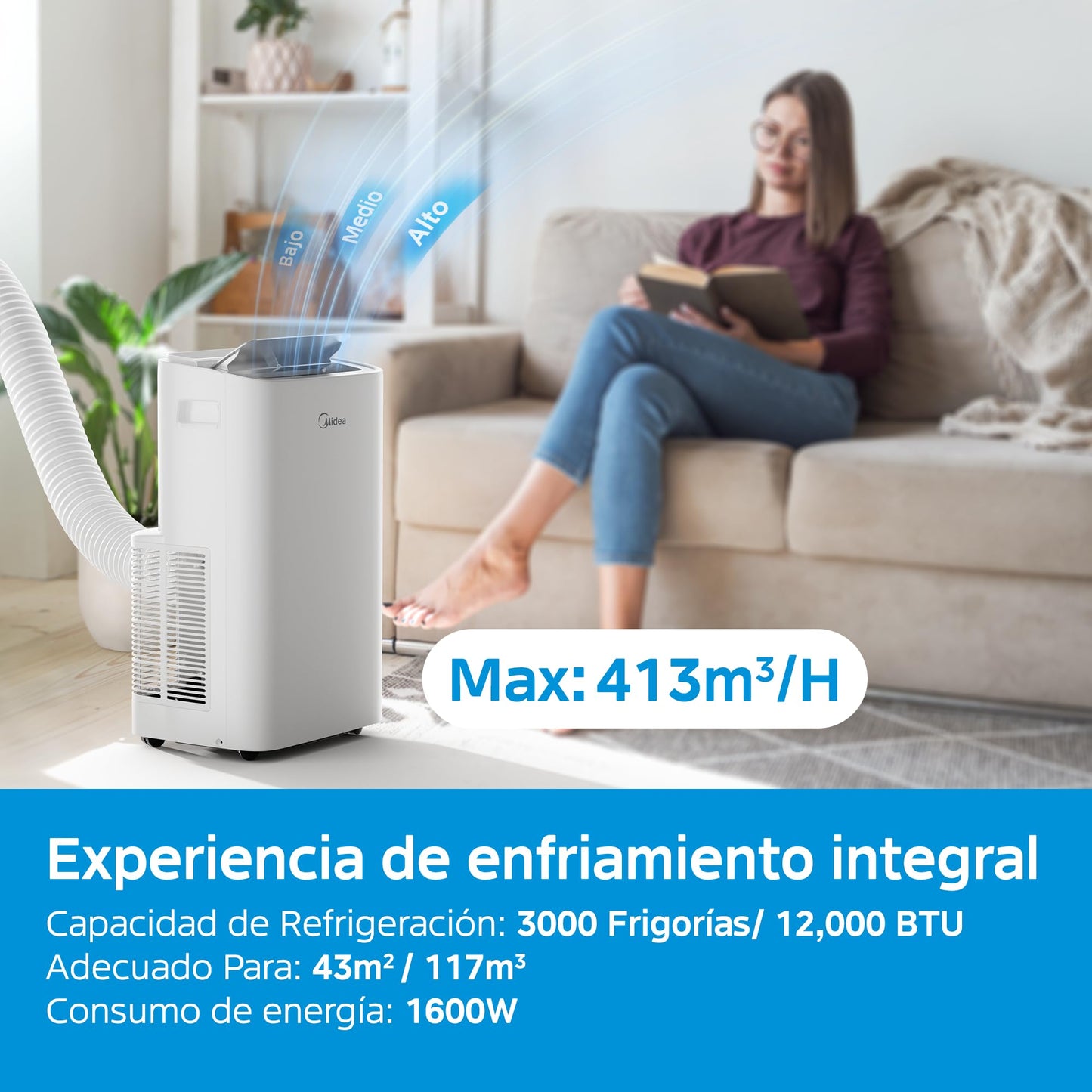 Midea Aire Acondicionado Portátil 3 en 1, 3000 Frigorías/12000 BTU, Silencioso para 43 m², Deshumidificador, Ventilador, 3500 W 4 Modos, Kit de Ventana Incluido