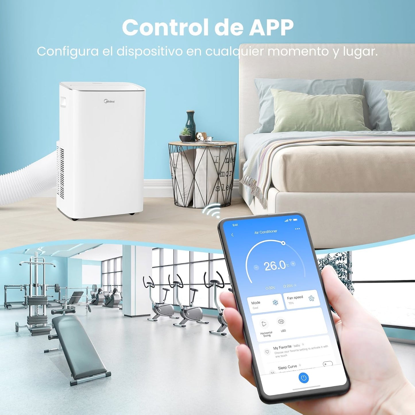 Midea Aire Acondicionado Portátil 3 en 1, 3000 Frigorías/12000 BTU, Silencioso para 43 m², Deshumidificador, Ventilador, 3500 W 4 Modos, Kit de Ventana Incluido
