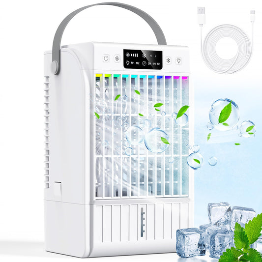 **Aire Acondicionado Portátil con Ventilador de 1700 ml, 4 Niveles de Viento, 2 Funciones de Pulverización, Luz LED de 7 Colores, Puerto USB-C, Temporizador 1-6 h, Ideal para Dormitorio, Oficina y Coche**