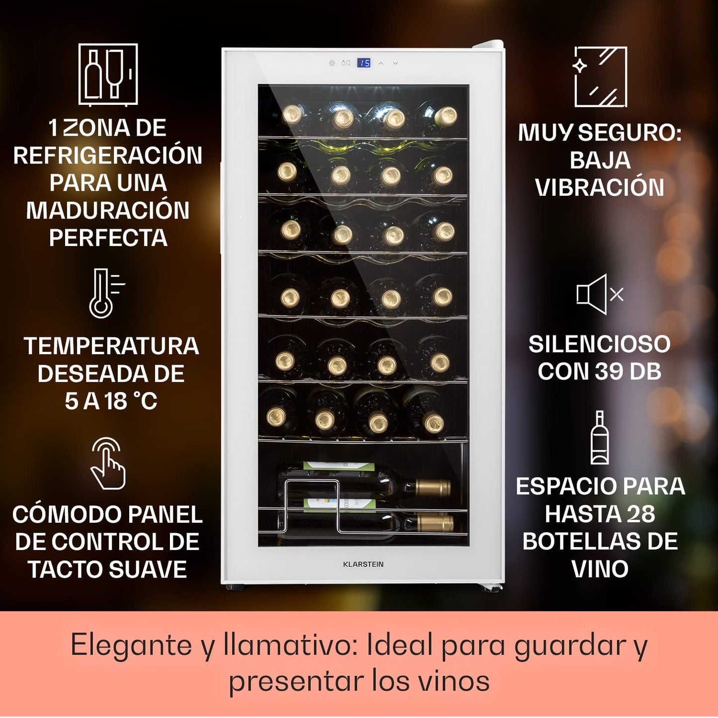 Klarstein Vinoteca 74 L, 28 Botellas, Una Zona, Puerta de Cristal, para Vino, Prosecco y Cerveza, Uso Interior y Exterior