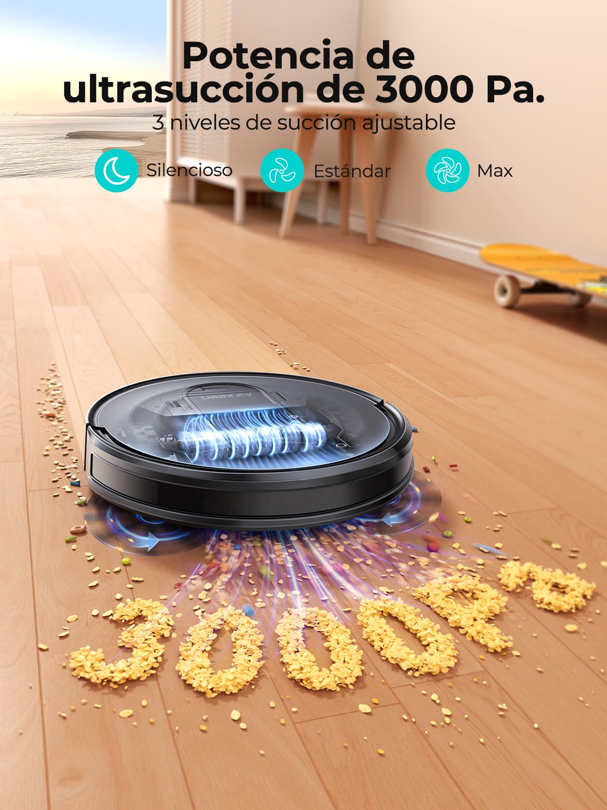 Airzeen Robot Aspirador y Fregasuelos R7, 3000 Pa, 3 en 1 Barrer, Aspirar y Fregar, Auto Carpet Boost, Control por App, Alexa y Mando, Ideal para Mascotas y Suelos Duros