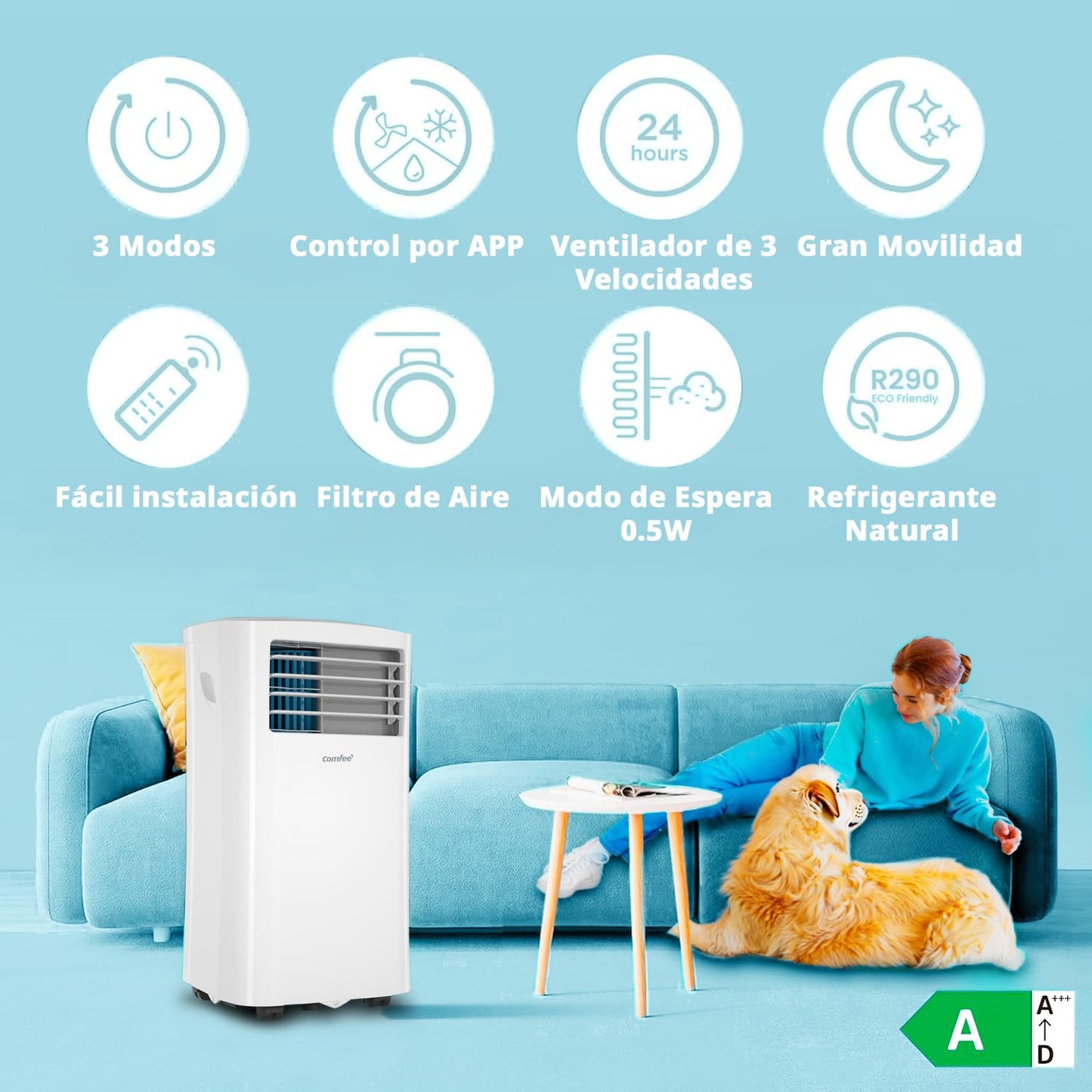 **COMFEE Aire Acondicionado Portátil 3 en 1, 8000 BTU / 2000 Frigorías, Climatizador sin Unidad Exterior, Enfriador Silencioso de Bajo Consumo con Kit de Ventana, Funciones de Refrigeración, Ventilación y Deshumidificación**