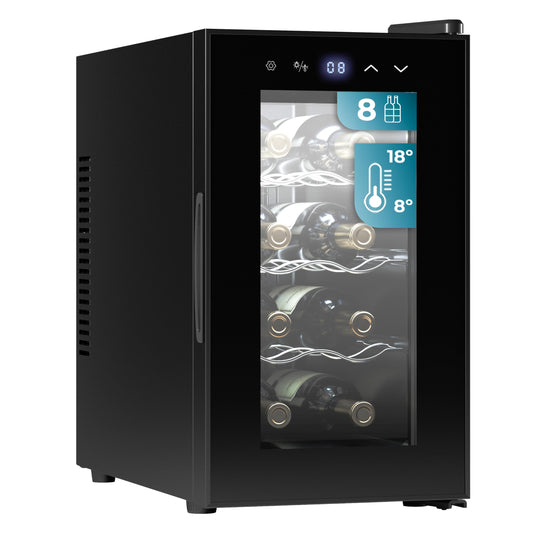 Cecotec Vinoteca 8 Botellas Bolero GrandSommelier 830 CoolCrystal, Termoeléctrica, Temperatura 8-18ºC, Panel Táctil, Display LED, Gas No Nocivo
