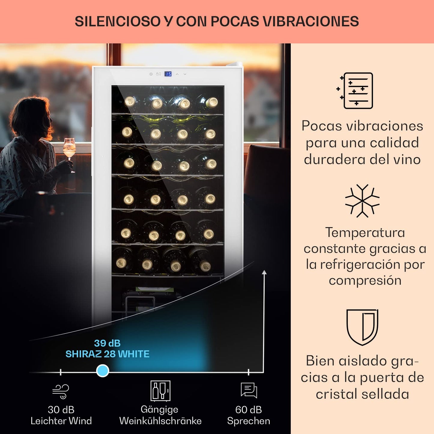 Klarstein Vinoteca 74 L, 28 Botellas, Una Zona, Puerta de Cristal, para Vino, Prosecco y Cerveza, Uso Interior y Exterior