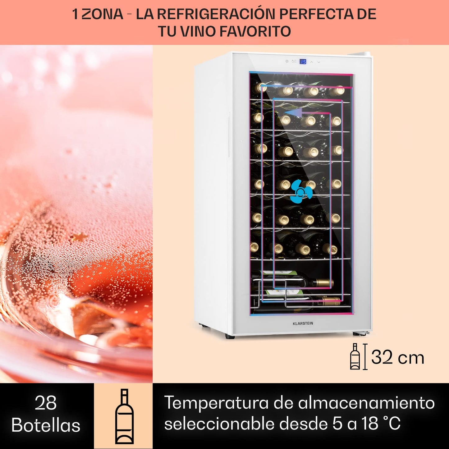 Klarstein Vinoteca 74 L, 28 Botellas, Una Zona, Puerta de Cristal, para Vino, Prosecco y Cerveza, Uso Interior y Exterior