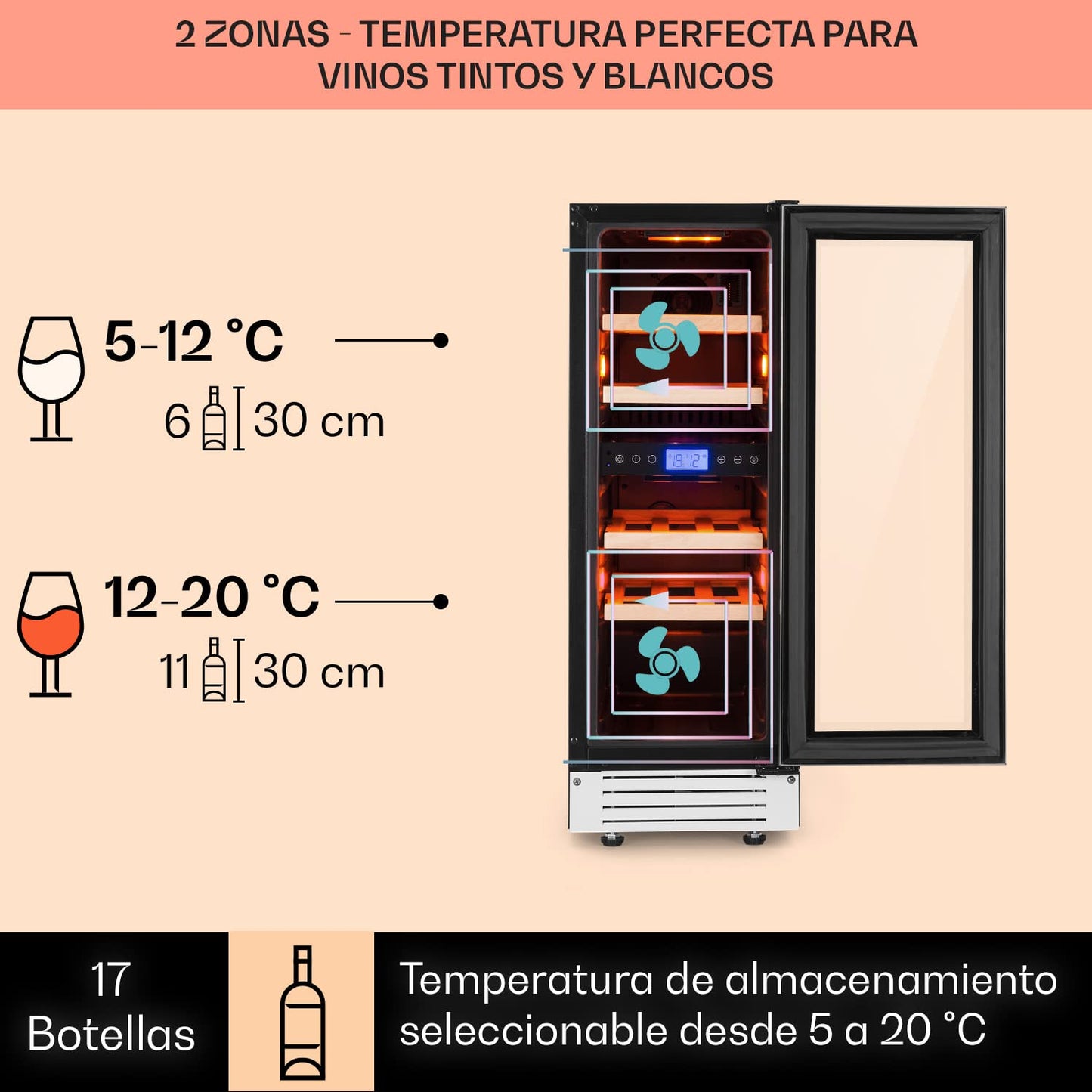 Klarstein Vinoteca 53 L, 17 Botellas, 2 Zonas de Refrigeración, Puerta de Cristal, Expositor Interior/Exterior, Panel Táctil, para Vino y Prosecco