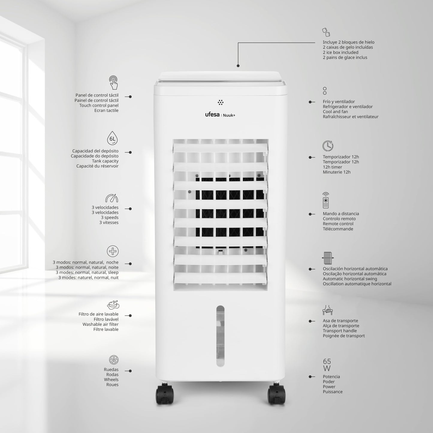 Ufesa Nuuk+ Climatizador Evaporativo 65W, Función Fría, Ionizador, 3 Velocidades y Modos, Depósito 6 L, Temporizador 12 h, Filtro Lavable, Mando a Distancia
